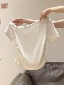 Camiseta casual de mujer de unicolor con cuello asimétrico y fruncido, para verano - Blanco - Ver 3