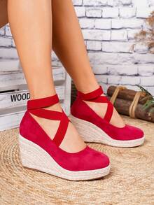 Giày đế xuồng và đế cao kiểu espadrille cho nữ, sandal quai ngang dệt màu đen mũi tròn thích hợp cho kỳ nghỉ biển, đế dây thừng co giãn, kết hợp với giày nữ. - Đỏ - Xem 5