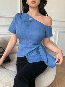 Blusa casual elegante de hombros con nudo, de corte slim para mujeres - Azul 2 - Ver 5