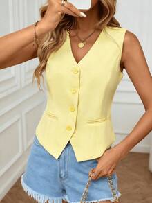 Chaleco sin mangas elegante y casual para uso diario en verano para mujeres - Amarillo - Ver 4