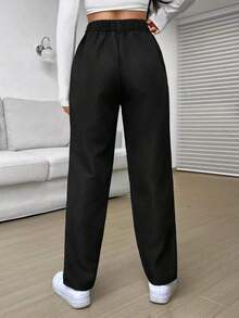 Pantalones casuales sueltos de pierna recta con plisados de cintura alta negros para mujeres - Negro - Ver 2