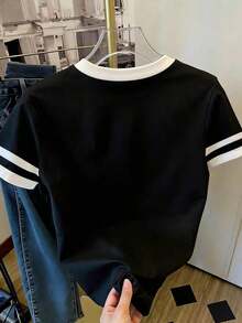Blusa casual de cuello redondo con patrón de volantes y lazo asimétrico de color contrastante, adecuada para uso diario casual - Negro 2 - Ver 2