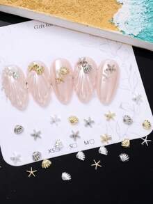 6格合金海星與貝殼美甲飾品，金銀混色3D夏季海洋主題美甲裝飾，金屬海星與貝殼美甲釘珠DIY美甲用，女性美甲配件，適用於美髮沙龍與居家使用，美甲用品，美甲配件工具 - 彩色 - 查看 6