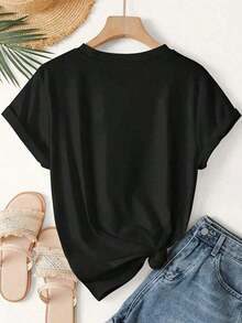 Fashion Printed T‑Shirts for Women, Oversized Streetwear Tops, Comfortable and Stylish All‑Match Summer Tees1 pieza de camiseta gráfica para mujer, regalo de San Valentín, camiseta de verano con estampado gráfico, diseño de postura de yoga y meditación, camiseta de mujer, estampado de personaje en línea simple, camiseta deportiva de manga corta para verano y otoño, moderna, elegante, vintage, holgada, adelgazante, versátil, ropa de mujer para vacaciones, nueva camiseta elegante - algodón, ligera, transpirable, estilo casual, cuello redondo, manga corta, para uso diario. - Negro - Ver 2