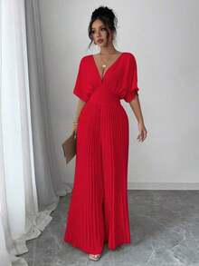 Mono de mujer elegante con cuello en V profundo, mangas tipo murciélago y plisados, de unicolor - Rojo - Ver 4
