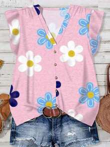 Camisa de mujer casual y minimalista con estampado botánico, adecuada para el verano - Rosa - Ver 4