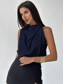 Camisa de color albaricoque con detalle asimétrico de volantes elegante para mujer, a la moda para el trayecto al trabajo, la oficina, el uso diario, las vacaciones y los festivales de música, primavera/verano - Azul marino - Ver 1