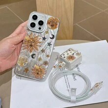 6合1套組：羽毛貝殼與星球圖案手機殼 + 充電頭保護套 + 線材保護套 + 收納繩 + 數據線收納繩，TPU 防震保護殼，相容 iPhone 6-16 Pro Max，適合作為生日與聖誕禮物送給情侶、女兒、女朋友、青少年 - 彩色 - 查看 4