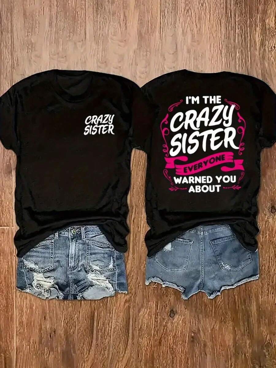 Camiseta de Mujer 100% Algodón de Corte Holgado - Estampado Geométrico de Letras en Ambos Lados, Manga Corta, Cuello Redondo, Estilo Casual para Primavera y Verano, Lavable a Máquina - Negro - Ver 1