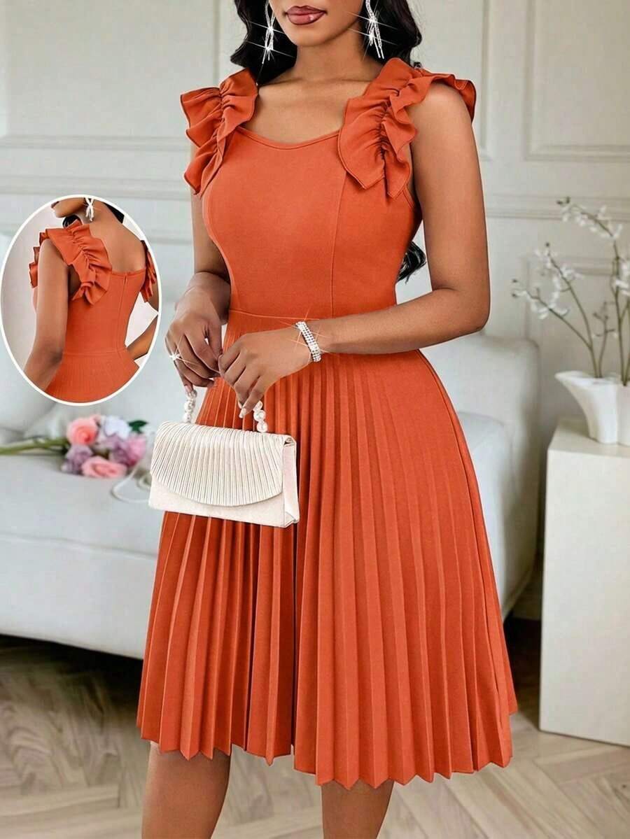 Vestido mini de fiesta con estampado floral y pliegues a la moda para mujer - Naranja - Ver 1