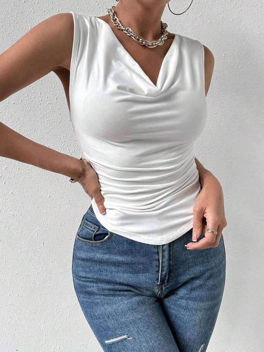 Blusa sin mangas blanca para mujer, adecuada para la oficina, de vuelta a la temporada escolar, otoño - Blanco - Ver 1