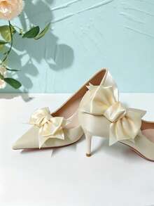 1 Pair Detachable Shoe Clips, Double Layered Bow Design, Black - Champagne - View 2