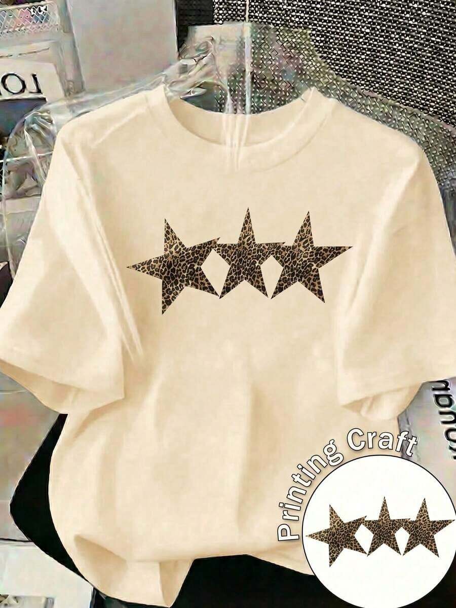 Camiseta Blanca Casual para Mujer con Estampado de Leopardo y Estrellas, Manga Corta, Cuello Redondo, Top de Poliéster para Estilo Urbano HH52 - Albaricoque - Ver 1