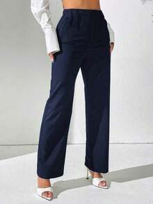 PETITE Pantalones rectos de uso casual diario de unicolor para damas - Azul marino - Ver 6
