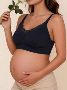 1件蕾絲拼接哺乳內衣，前扣式無鋼圈舒適哺乳內衣，適用於懷孕、產後、四季 - 黑色 - 查看 6