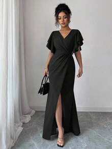 Vestido elegante y romántico para mujer con cuello en V, mangas con volantes, ajuste en la cintura y bajo de cola de sirena - Negro - Ver 5