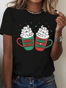 (001 # ) Camiseta de mujer de cuello redondo, camiseta de manga corta con estampado temático de Navidad, top casual de vacaciones con divertido patrón de taza - Negro - Ver 12