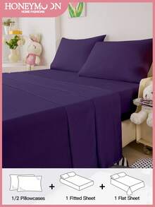 HONEYMOON 3/4件套純色床上用品套裝（3件套 = 1件床笠 + 1件床單 + 1件枕套，4件套 = 1件床笠 + 1件床單 + 2件枕套），100%聚酯纖維面料，Ins風格，適用9-12英吋深口袋，抗縮水，可機洗，適合多種尺寸，四季通用，居家與學校宿舍使用，返校必備，Oeko-Tex認證，深紫色 - 深紫色 - 查看 2