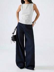 2026 Nueva Camiseta de Tirantes Ajustada de Cuello Redondo a Rayas de Color Albaricoque Minimalista, Adecuada para Trabajo/Casual de Negocios/Oficina, Top de Moda para Mujer - Blanco 2 - Ver 1