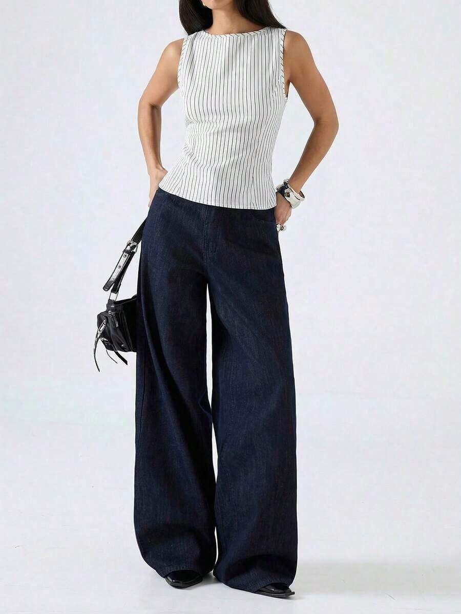 2026 Nueva Camiseta de Tirantes Ajustada de Cuello Redondo a Rayas de Color Albaricoque Minimalista, Adecuada para Trabajo/Casual de Negocios/Oficina, Top de Moda para Mujer - Blanco 2 - Ver 1