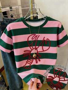 Camiseta de manga corta de cuello redondo a rayas para mujer, de uso versátil y casual para uso diario - Multicolor 7 - Ver 1