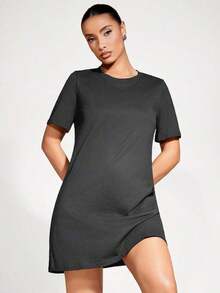 Vestido corto de mujer de unicolor para uso casual, diario y de fiesta - Gris Oscuro - Ver 3