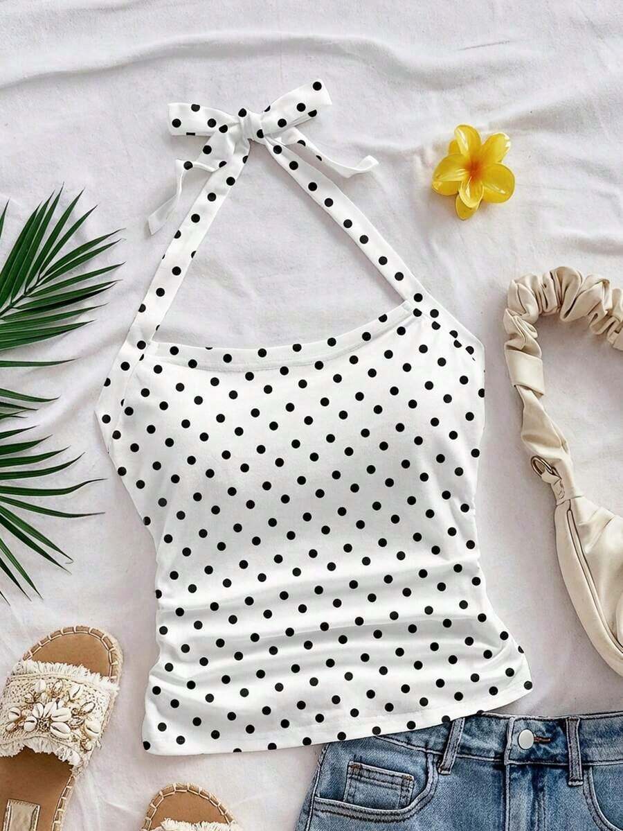 Parte superior corta ajustada con cuello de halter casual para vacaciones de mujer, verano de mujer, sin espalda, ropa de vacaciones de mujer, lunares, primavera de mujer, verano, parte superior para salir de mujer, vacaciones de mujer - Multicolor 2 - Ver 1