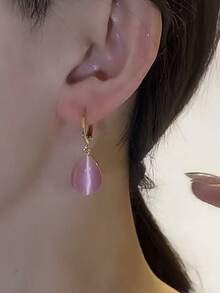 Bông tai dáng giọt nước mắt màu hồng tối giản sang trọng, mạ vàng, trang sức cao cấp thanh lịch, quà tặng ngày lễ cho phụ nữ. - Hồng - Xem 2