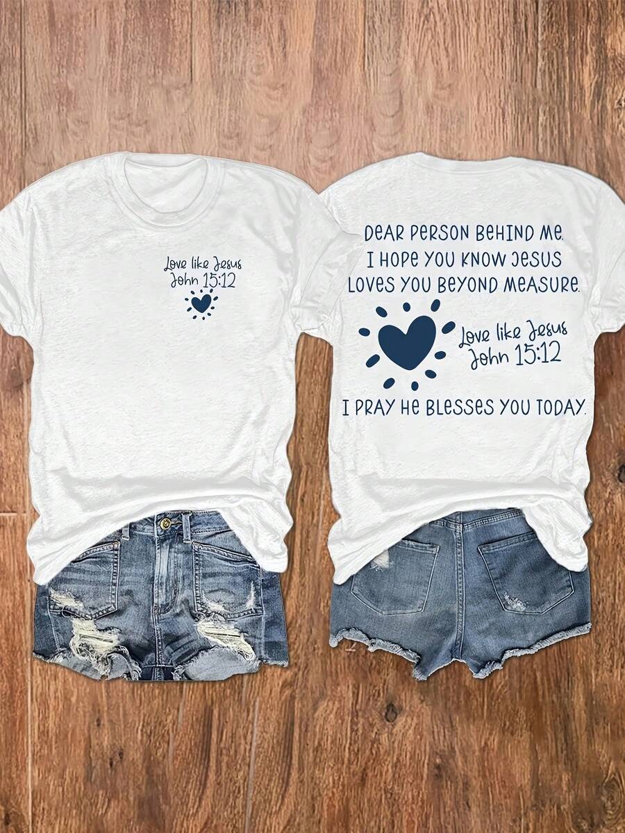 Women's Crew Neck T-Shirt With Letter Print, Casual Short Sleeve Top, Women's Clothing - Breathable And Skin Friendly - 白色 - 查看 1