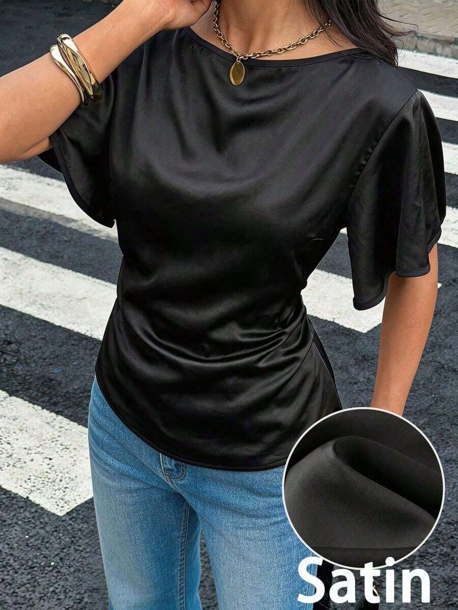 Camisa casual de mujer con ribete de contraste en la cintura y manga corta, para verano - Negro 2 - Ver 1