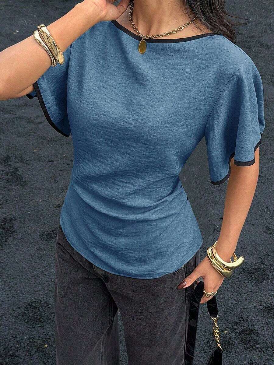 Camisa casual de mujer con ribete de contraste en la cintura y manga corta, para verano - Niebla azul - Ver 1
