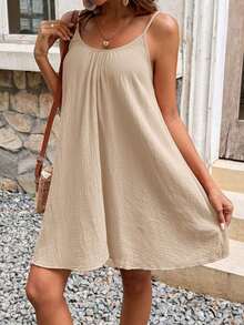 Vestido de verano de algodón de unicolor con tirantes finos tipo musculosa, estilo vacacional para mujer - Albaricoque - Ver 6