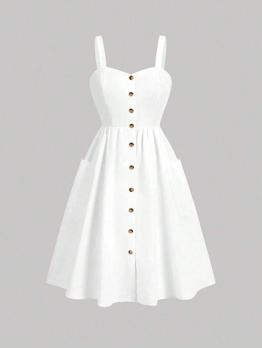 Vestido casual de tirantes con bolsillo y diseño de botones de unicolor para mujer - Blanco - Ver 1