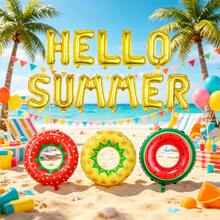 14件套夏季派对气球套装，包含金色“HELLO SUMMER”气球、西瓜、菠萝、草莓泳圈气球，适用于生日派对、夏威夷主题派对、夏季泳池沙滩派对、热带夏威夷主题活动、夏季聚会、节日派对、室内拍摄场景。 - 多色 - 查看 7