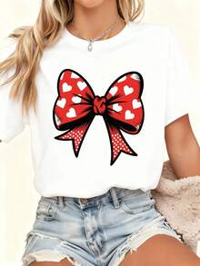 Camiseta roja 100% pura para mujer, top casual holgado de verano y otoño con forma de corazón blanco y lunares, manga corta y cuello redondo, lavable a máquina para uso diario al aire libreRopa diaria para chicas dulces o estudiantes ,Ropa fresca y sin sudor en verano,Traje de fiesta elegante,T-shirt para damas elegantes,Blusas adecuadas para mujeres con curva, - Blanco - Ver 1
