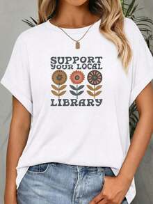Women's Graphic T-Shirts, Vintage Style T-Shirt With "Support Your Local Library" Print, Cotton, Four Season Comfort, Women's Summer Clothing, Oversized T-Shirt, Suitable For Spring, Summer And Autumn. - 白色 - 查看 7