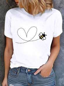 1 Piece Fashion Casual T-Shirt For Men And Women, Plus Size, Summer T-Shirt With Bee And Heart Print For Women, Cute Short Sleeve Round Neck T-Shirt, Versatile Graphic T-Shirt, Easy To Match, Suitable For Daily Wear, Urban Style, Holiday Wear, Weekend Wear. - 白色 - 查看 7