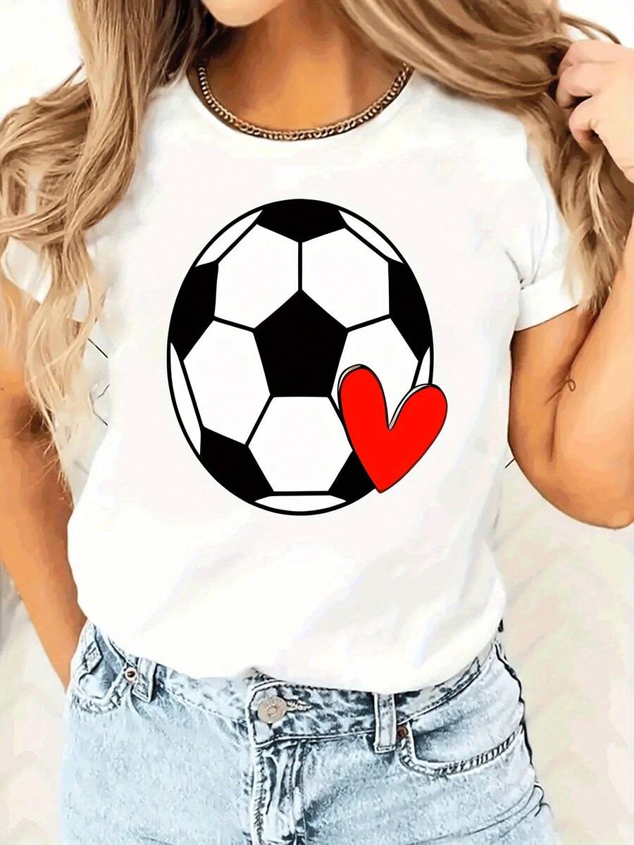 Camiseta de manga corta con cuello redondo y estampado de fútbol para mujer, edición limitada, de algodón ligero y a. - Blanco - Ver 1