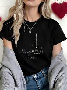 Minimalist Line Art Paris Eiffel Tower Skyline Graphic T-Shirt, 100% Cotton Oversized Soft Breathable Elegant Tee, Casual Crewneck Short Sleeve Top For Travel & Daily Wear - 黑色 - 查看 3