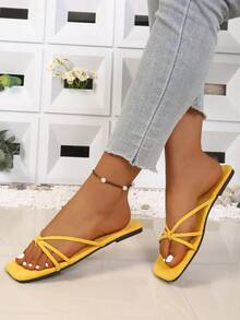Sandal đế thấp gót thấp chống trượt mũi vuông kiểu retro có nơ dành cho nữ - Màu vàng - Xem 3