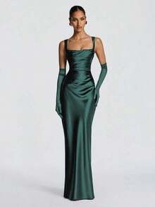 Vestidos elegantes Glamrae - Vestido de satén elegante con cintura ajustada y cordones, vestido largo para fiesta de Halloween, vestido formal de cóctel para banquete, vestido de fiesta de Navidad, vestido de boda de San Valentín, Vestidos Elitara - Verde oscuro - Ver 6