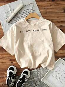 1pscCamisetas Gráficas para Mujer "En Mi Era de Mamá" - Camiseta de Manga Corta Transpirable con Cuello Redondo Brillante y Estampado de Letras, Blusa Casual de Primavera Verano para Mamás, Ropa Casual Lavable a Máquina y Conjuntos para Mamás 100% algodón100% Cotton - Albaricoque - Ver 6