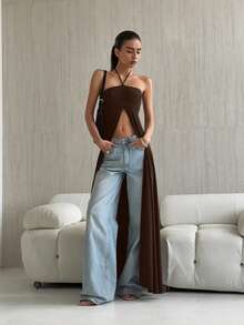 Vestido elegante sin mangas estilo halter diseño exclusivo, corte ajustado con abertura amplia, estilo versátil y único - Marrón - Ver 1