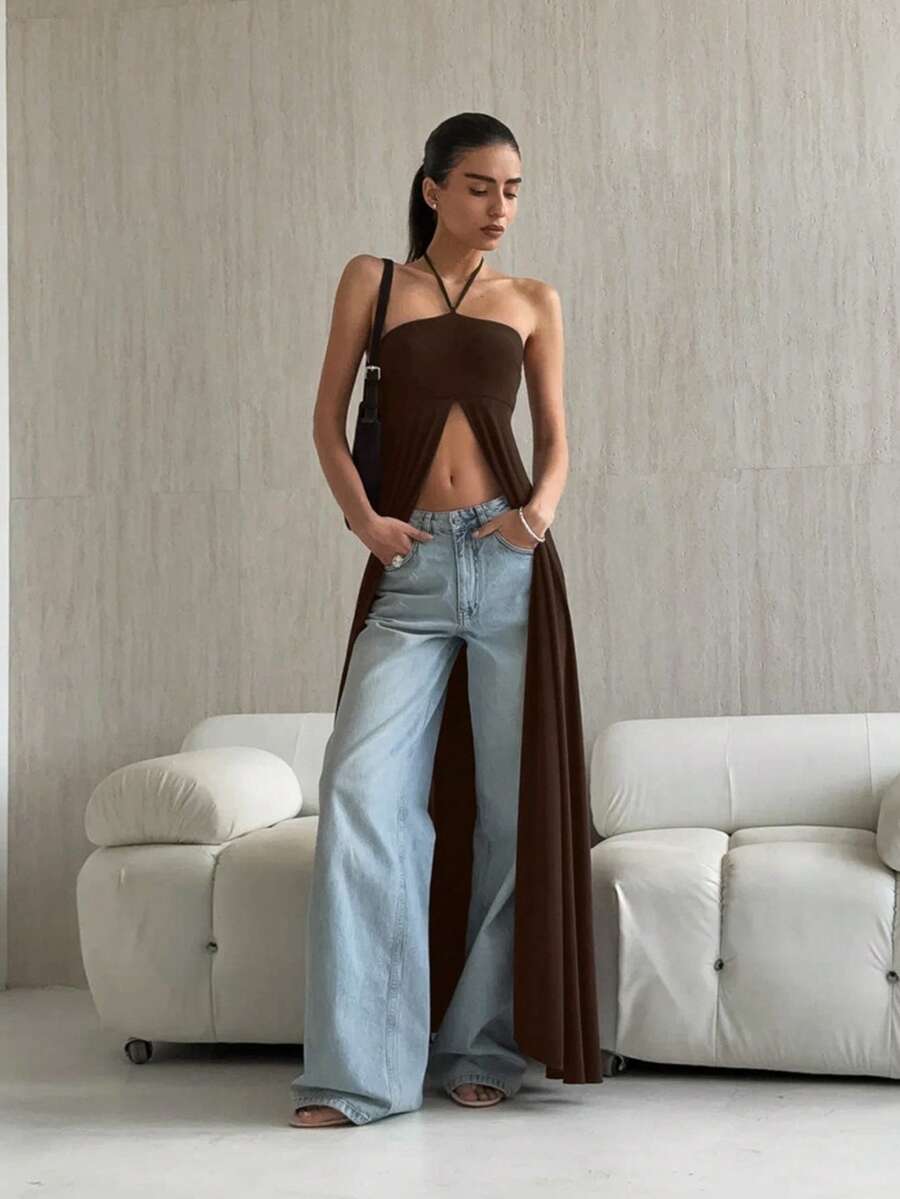 Vestido elegante sin mangas estilo halter diseño exclusivo, corte ajustado con abertura amplia, estilo versátil y único - Marrón - Ver 1