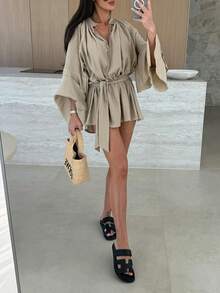 Women's Elegant Charming Solid Color Casual Criss-Cross Dress, Minimalist Fashion Tie-Up Long Sleeve Short Dress, Apparel - Khaki - View 3