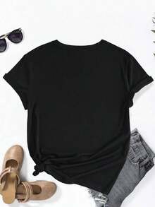 1 pieza, 100% algodón, camiseta de mujer para el Día de San Valentín, moda de verano, con estampado de corazón y la frase "Te amo", camiseta de manga corta para mujer WTQ7602, camiseta de algodón transpirable, combina con todo, 100% algodón. - Negro - Ver 2