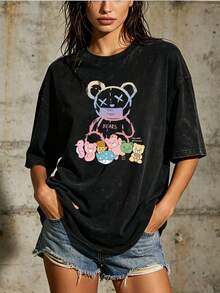 Women's Bear Print T-Shirt, Soft And Comfortable, 180g - Perfect Gift For Family And Friends | Casual Summer T-Shirt Suitable For Work And Leisure. | Modern And Attractive Design, Suitable For Both Outdoor And Indoor Wear. | Ideal For Labor Day Celebrations And Company Gatherings. D1UD - 黑色 - 查看 6