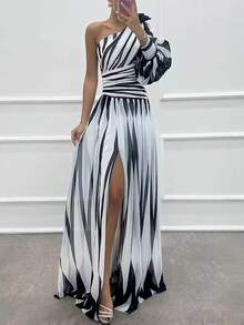Off-The-Shoulder Print Dress With A Casual Slit For Everyday Wear - 白色 - 查看 6