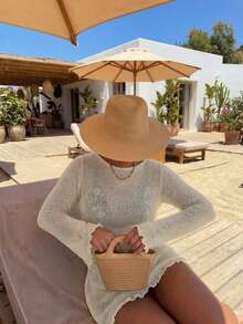 Vestido de cárdigan de punto corto de manga larga con cuello redondo y calado en azul claro, nuevo vestido de punto elegante, casual y cómodo para primavera/verano de las mujeres, ideal para fiesta de traje de baño, playa, vacaciones, unicolor minimalista falda corta - Arroz con albaricoque - Ver 5