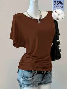 Camiseta casual de color marrón sólido para mujer, adecuada para primavera/verano - Marrón - Ver 9